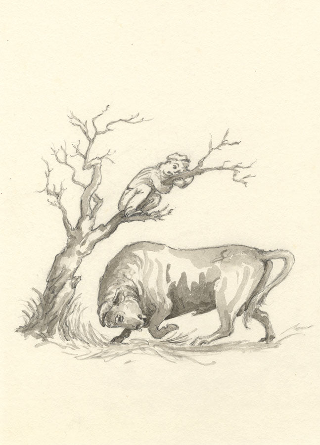 Claire Rome, Charging Bull – Original mid-20th-century watercolour painting