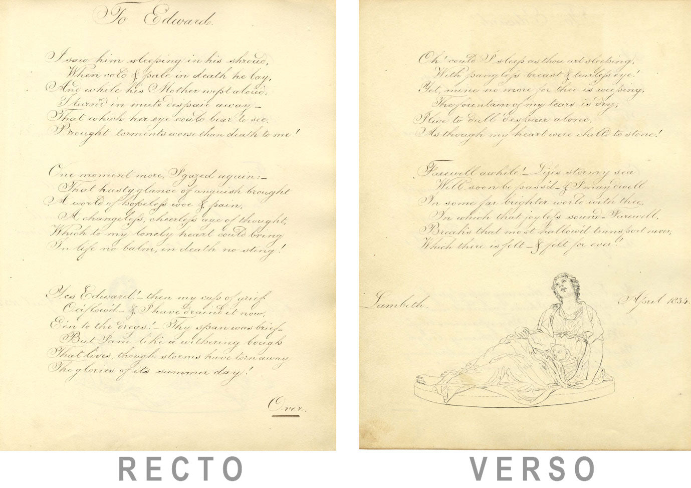 Copperplate Poem, Elegy To Edward, with Mother & Child Ink Drawing – 1834