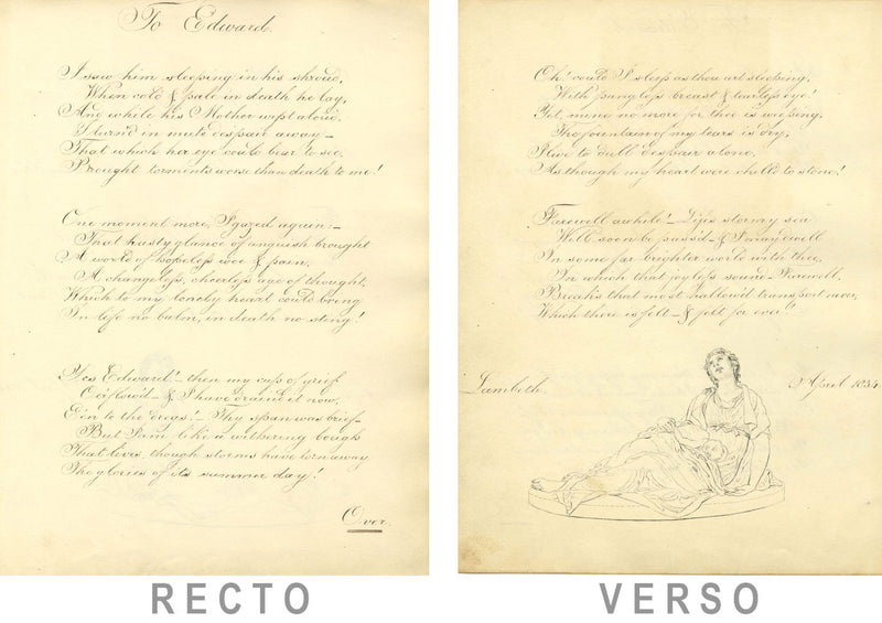 Copperplate Poem, Elegy To Edward, with Mother & Child Ink Drawing – 1834