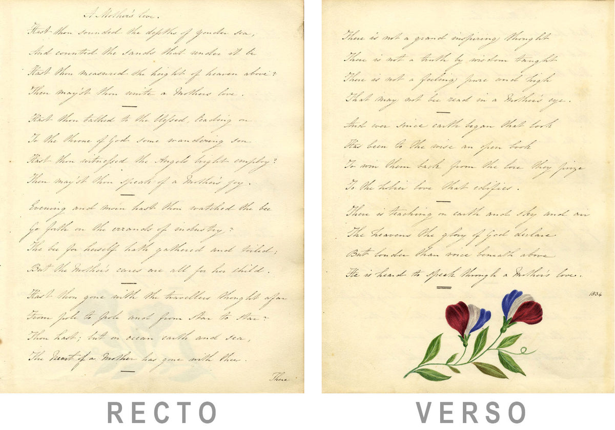 Poesia in rame, Amore materno di Emily Taylor e dipinto di fiori di pisello odoroso del 1834