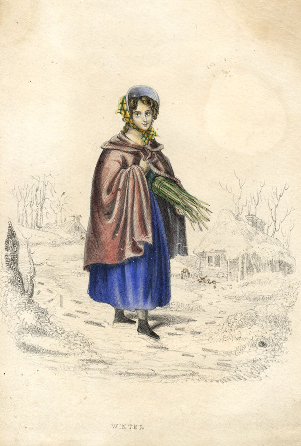 Peasant Girl with Firewood – 19th-century hand-coloured lithograph print