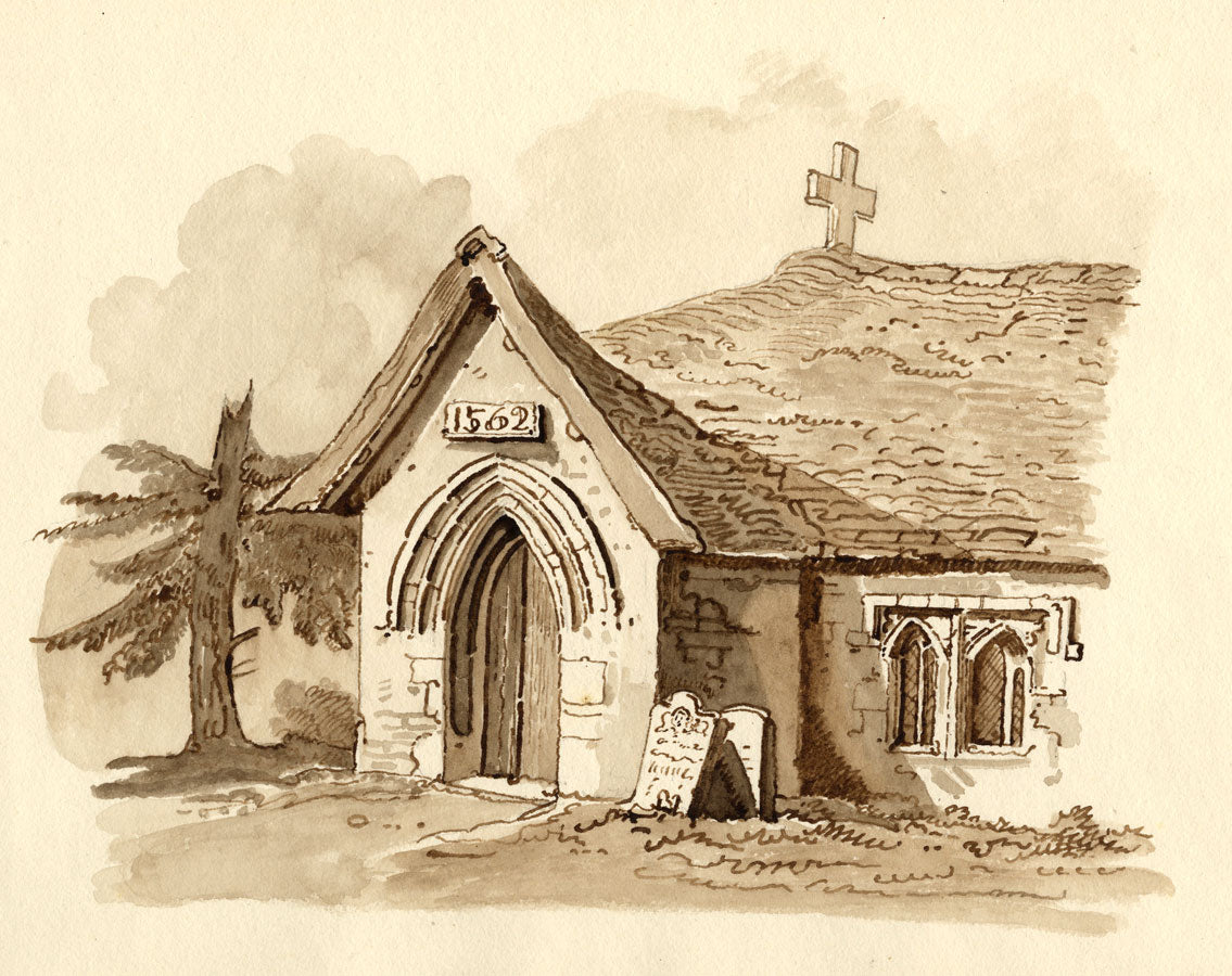 Rural Church, 1562 in Sepia – Original early 19th-century watercolour painting