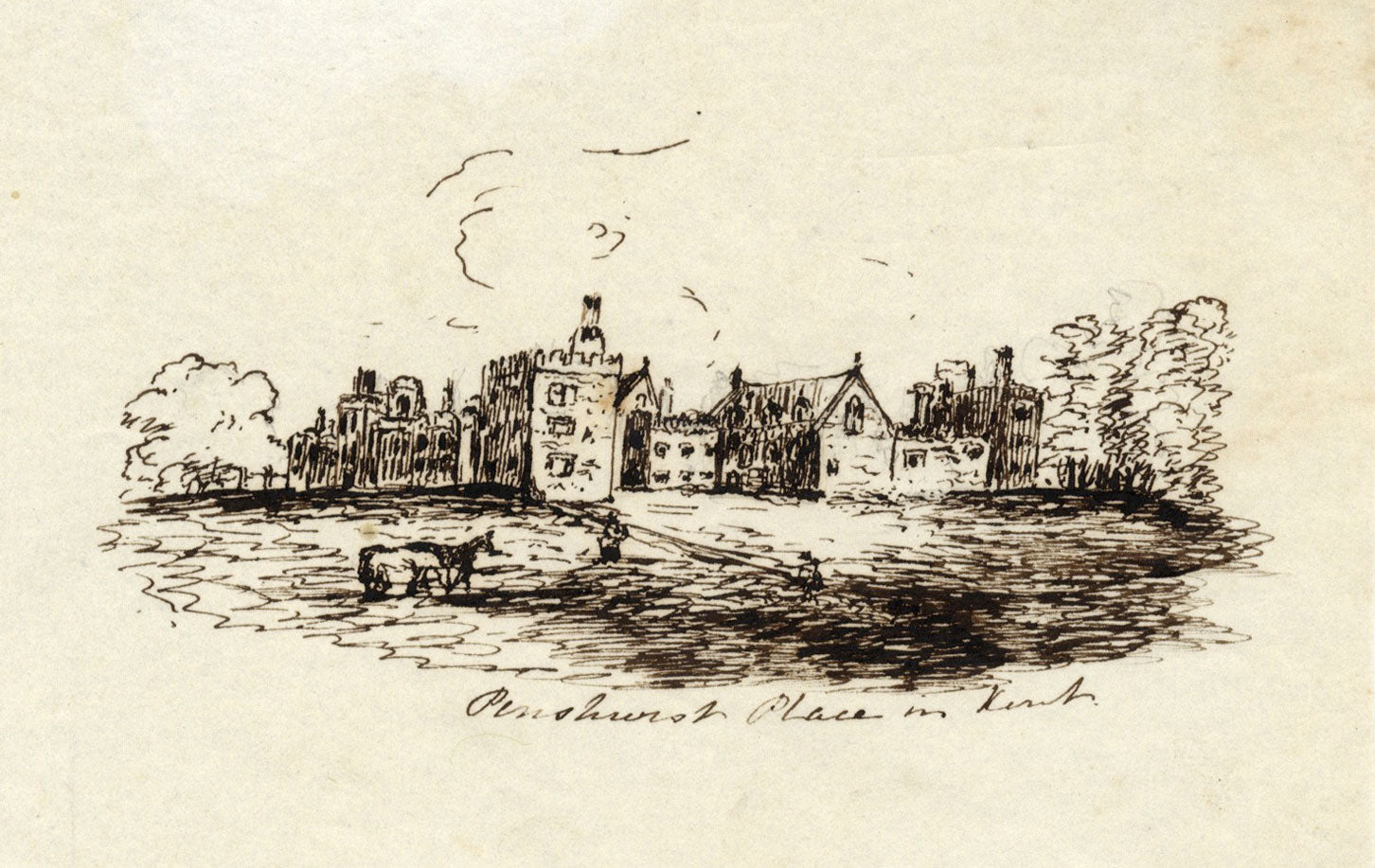 M.M.A.B., Penshurst Place, Kent – Original mid-19th-century pen & ink drawing