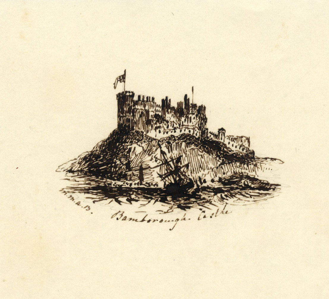 M.M.A.B., Bamburgh Castle – Original mid-19th-century pen & ink drawing