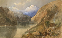 E.W., Mountain View with Lake & Hut, Horrà – Original 1891 watercolour painting