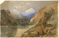 E.W., Mountain View with Lake & Hut, Horrà – Original 1891 watercolour painting