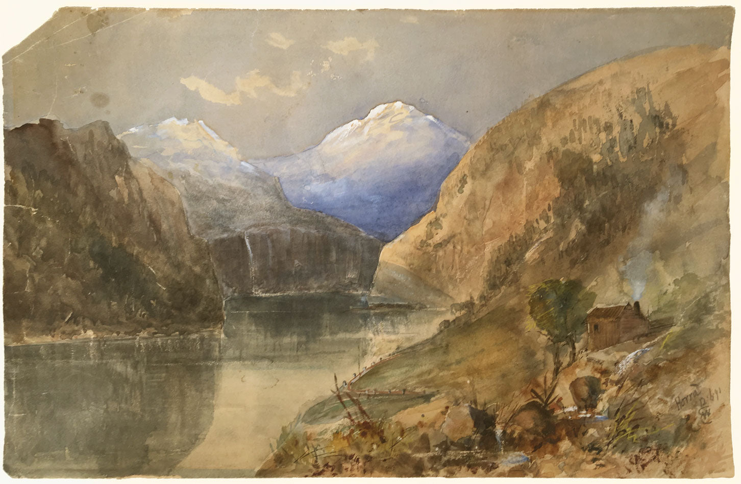 E.W., Mountain View with Lake & Hut, Horrà – Original 1891 watercolour painting