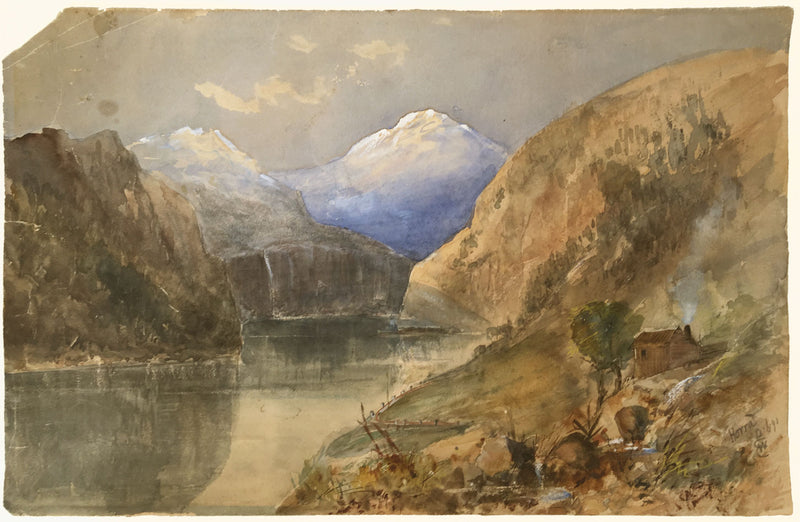 E.W., Mountain View with Lake & Hut, Horrà – Original 1891 watercolour painting