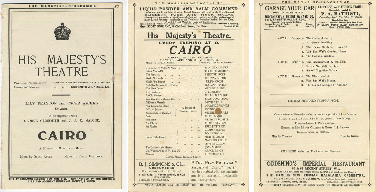 His Majesty's Theatre Programme for 'Cairo' by Oscar Asche / Percy Fletcher 1921