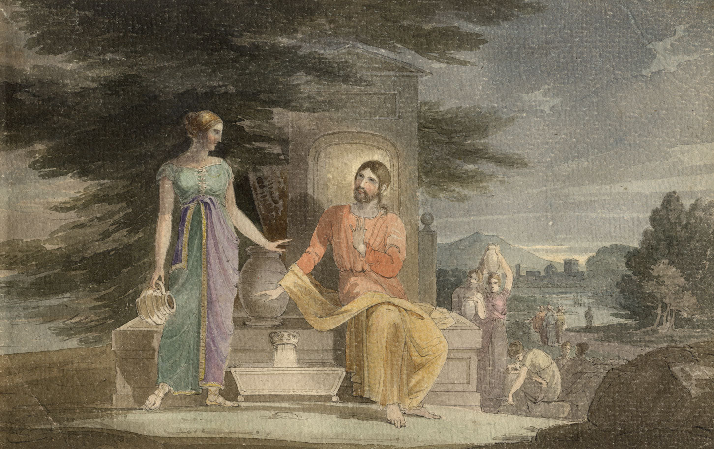 Attrib. Joshua Cristall POWS, Christ & the Woman of Samaria,watercolour painting