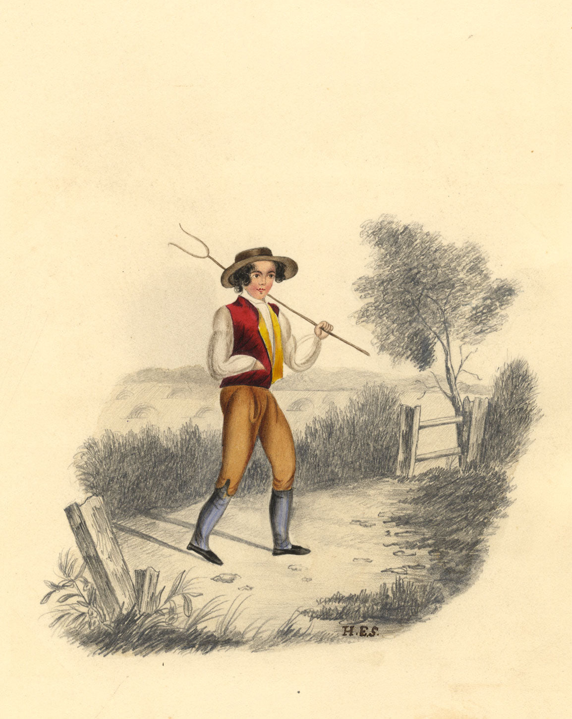 H.E.S. Farm Boy with Hay Fork – Original early 19th-century watercolour painting