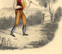 Muchacho de granja con horquilla de heno – Pintura original en acuarela de principios del siglo XIX