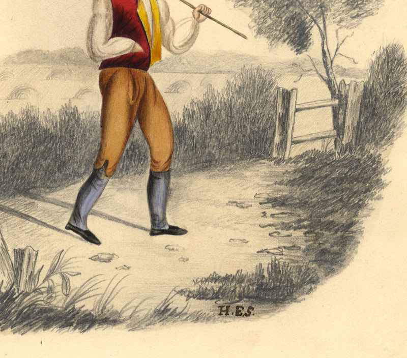 Muchacho de granja con horquilla de heno – Pintura original en acuarela de principios del siglo XIX