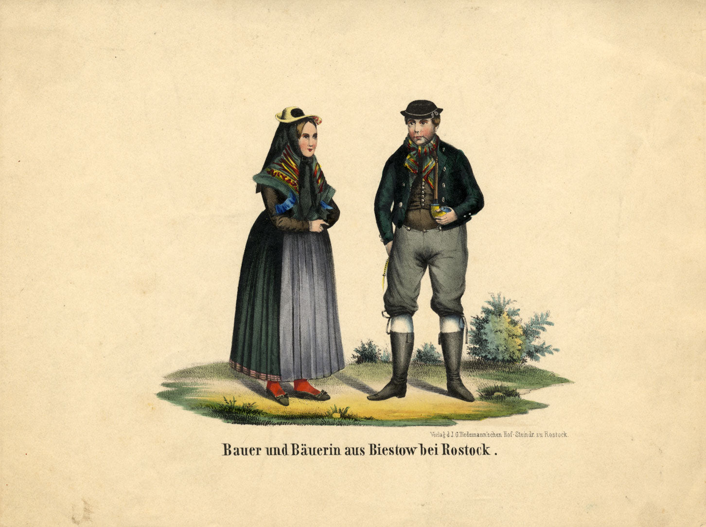 Bauer und Bäuerin aus Biestow bei Rostock – 1840 hand-coloured lithograph print