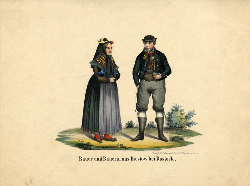 Bauer und Bäuerin aus Biestow bei Rostock – 1840 hand-coloured lithograph print