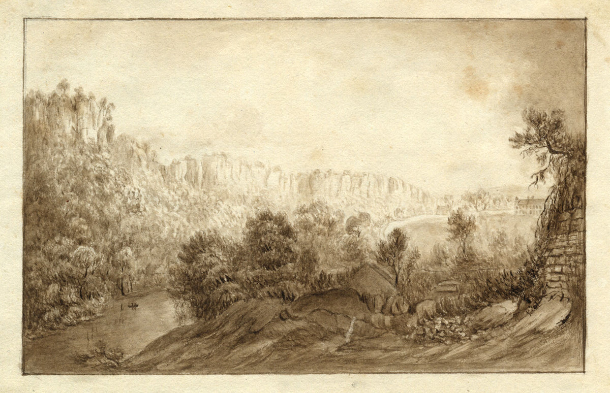 Fiume Derwent e High Tor, Matlock – Acquerello di metà Ottocento