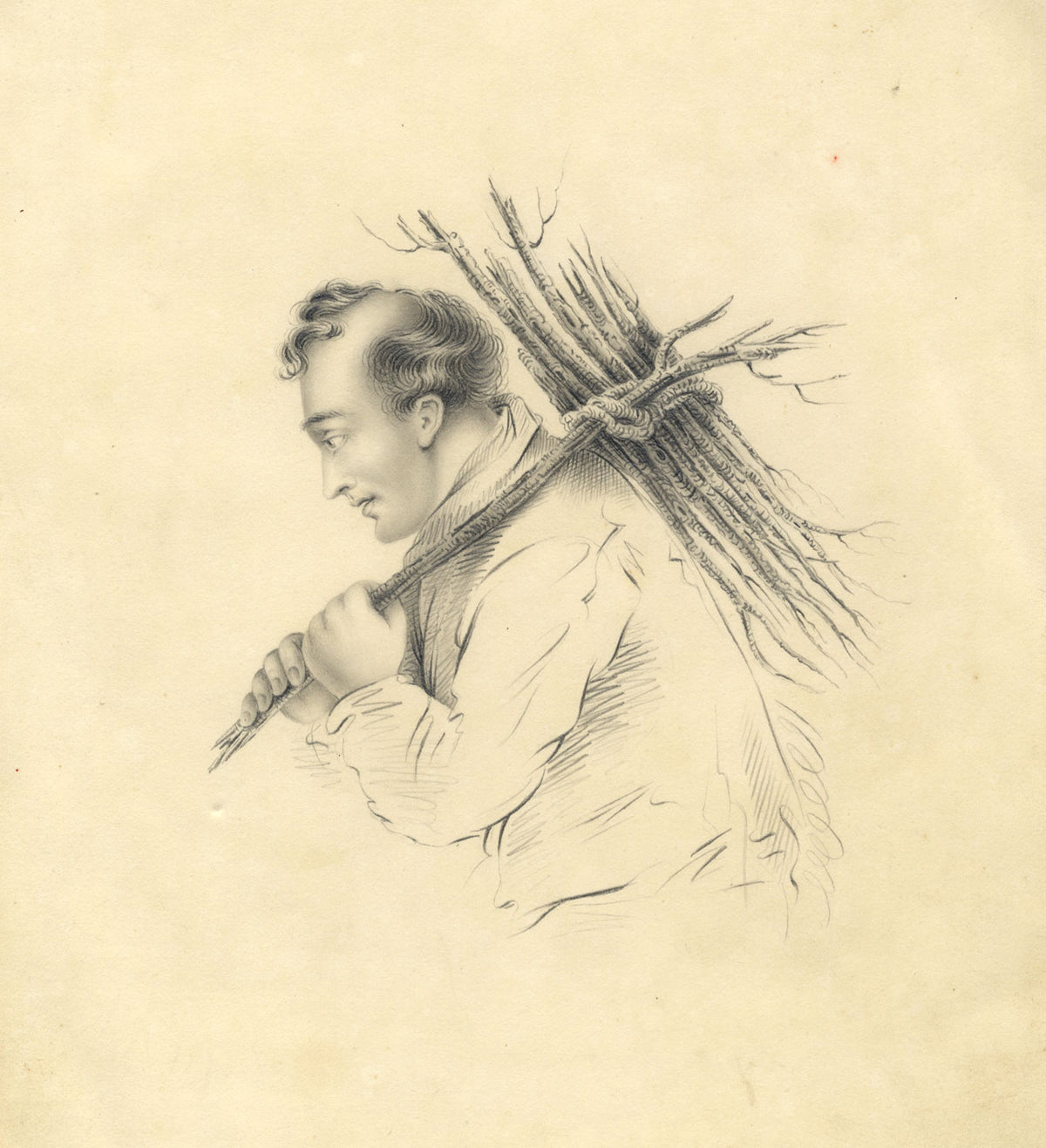 Helen Robertson, Peasant Man Carrying Firewood – 19th-century graphite drawing