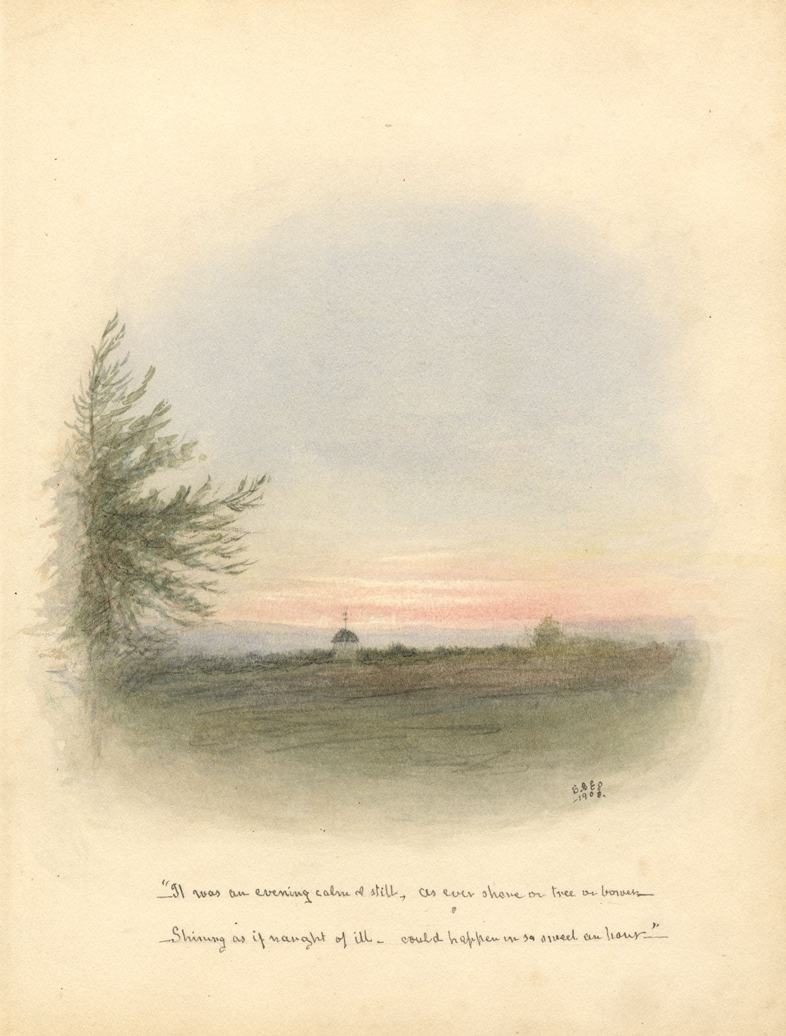 Sarah A.E. Shrubsole, Evening Landscape, Epsom Surrey –1908 watercolour painting