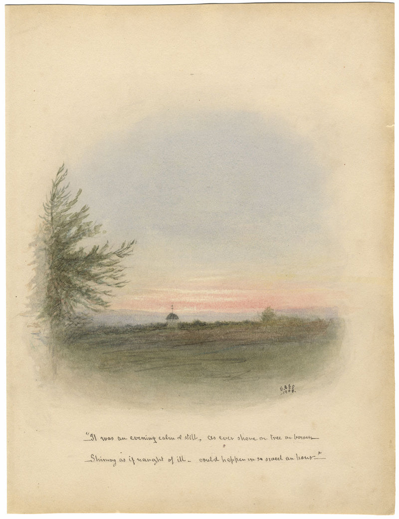 Sarah A.E. Shrubsole, Evening Landscape, Epsom Surrey –1908 watercolour painting