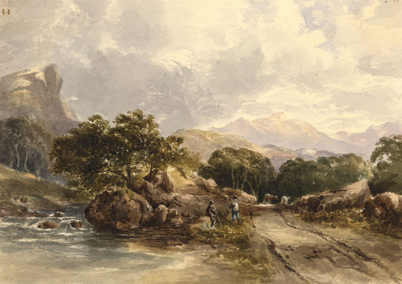 Riverside Track in Mountain Landscape – Mid-19th-century watercolour painting