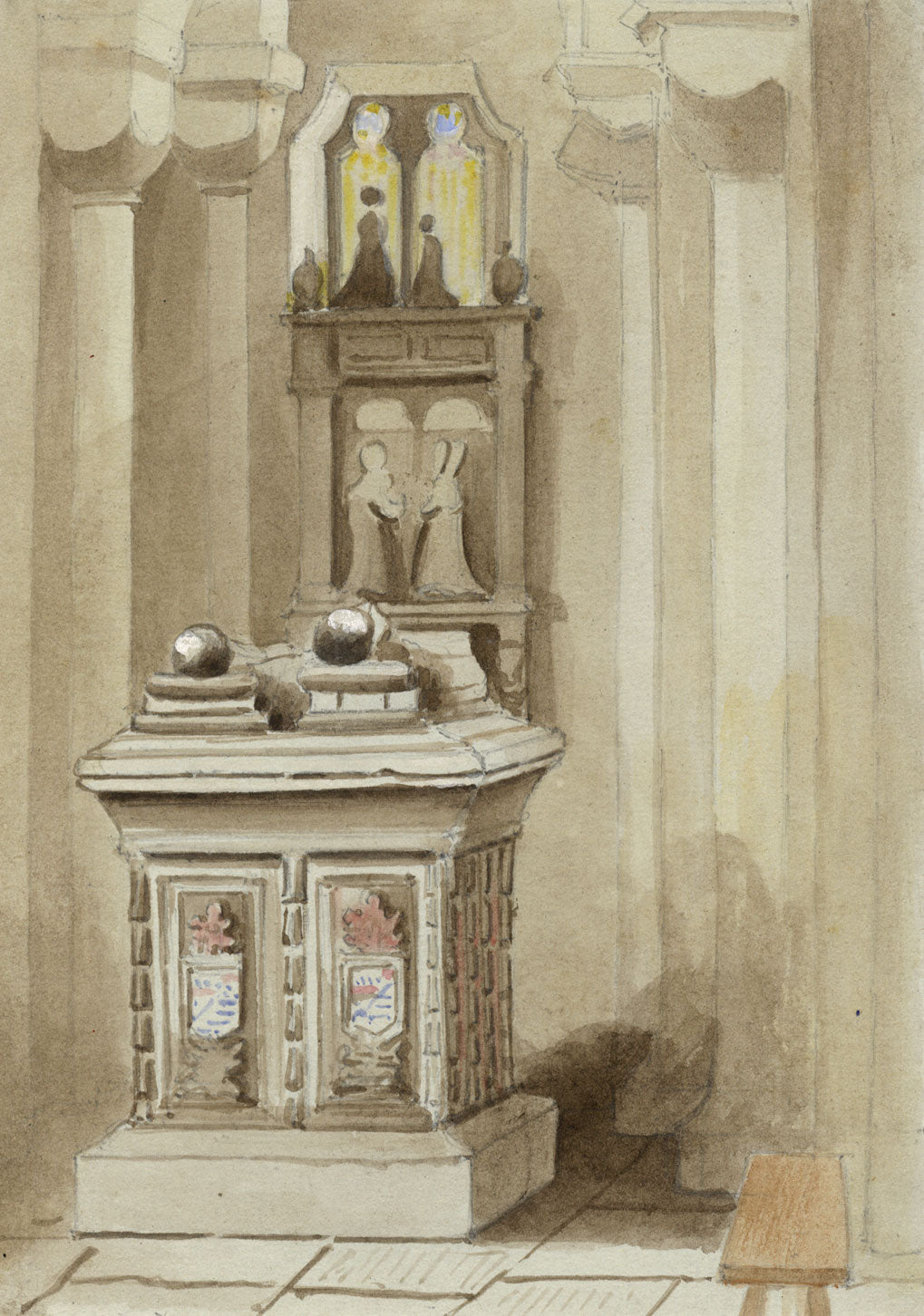 Church Interior Showing Pews – Original mid-19th-century watercolour painting