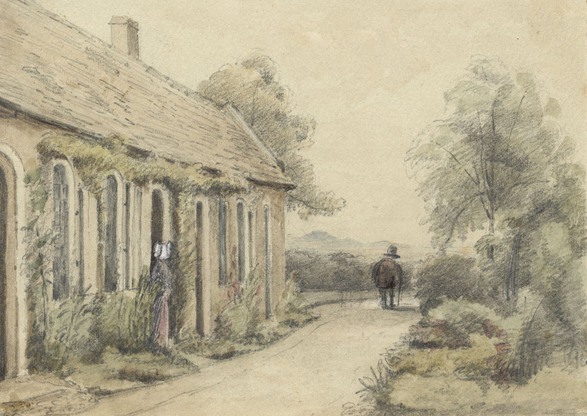 Travelling Figure Passing Cottages – Original 1848 watercolour painting