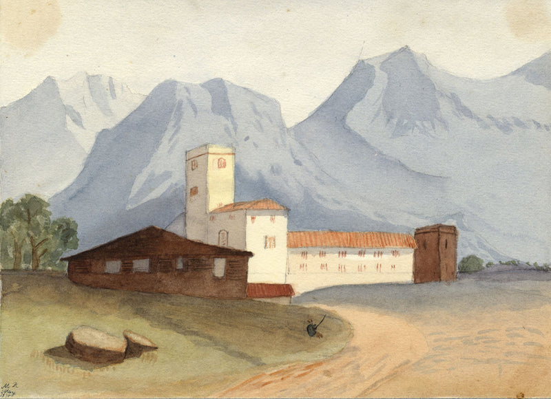 Mildred Robinson, Continental Monastery in Mountains – 1875 watercolour painting
