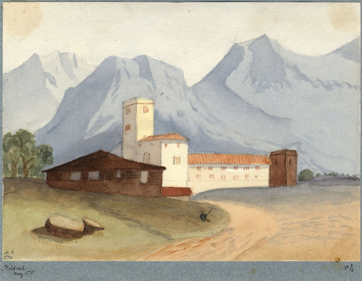 Mildred Robinson, Continental Monastery in Mountains – 1875 watercolour painting