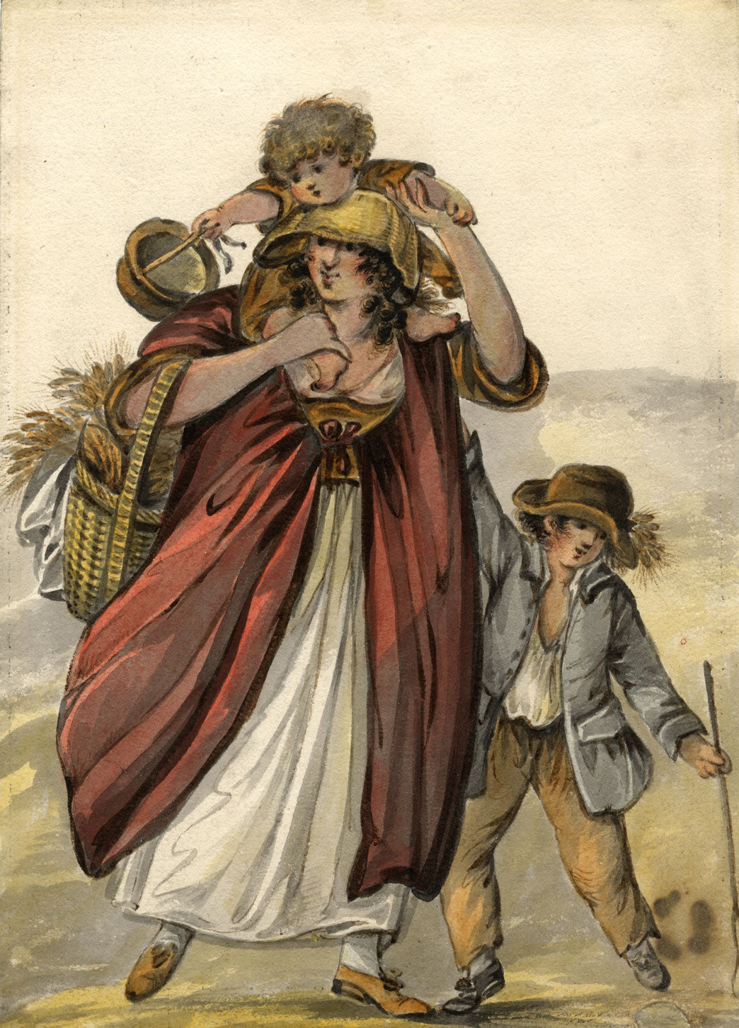 Círculo de Robert Dighton, Madre campesina y niños, c.1785, pintura de acuarela