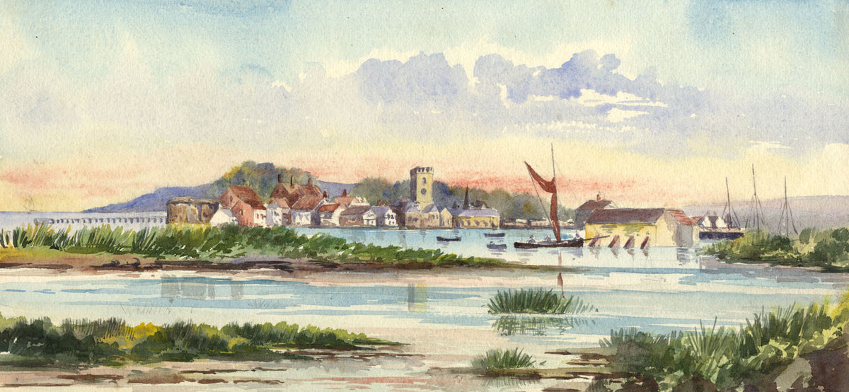 Estuary View with Church – Original early 20th-century watercolour painting