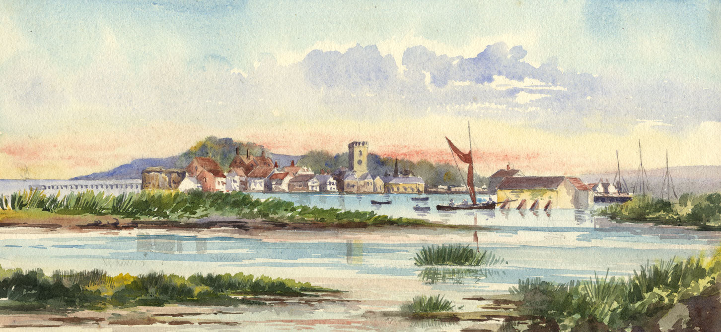 Estuary View with Church – Original early 20th-century watercolour painting