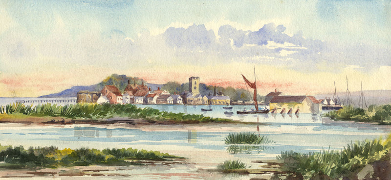 Estuary View with Church – Original early 20th-century watercolour painting