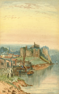 R. Allam, Coastal Castle with Fishing Boat – 19th-century watercolour painting