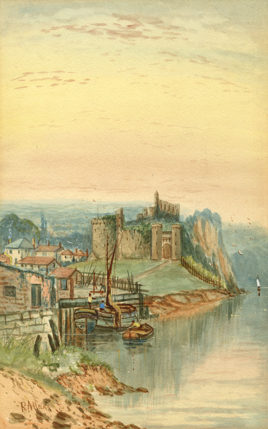 R. Allam, Coastal Castle with Fishing Boat – 19th-century watercolour painting