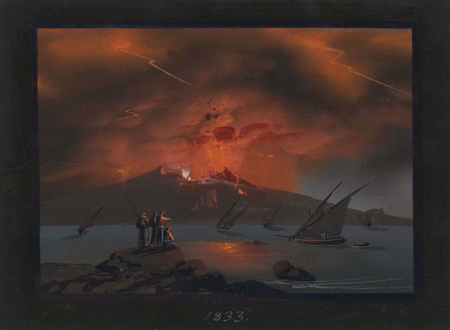 Neapolitan School, Vesuvius in Eruption, Bay of Naples – 1833 gouache painting