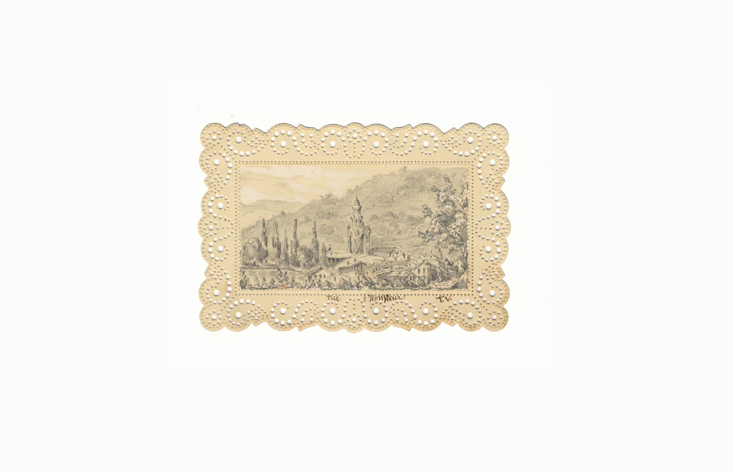 TV, Honfleur Normandia Miniatura su carta perforata – disegno del XIX secolo