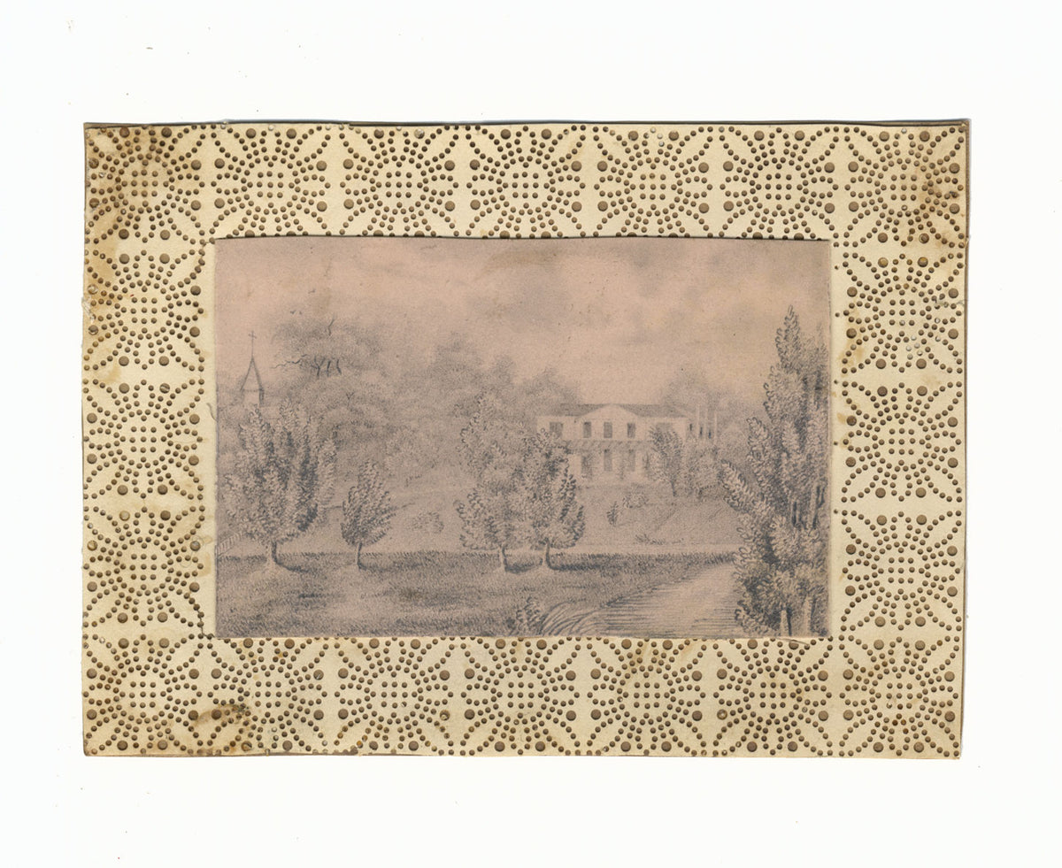 French Manor House Miniature on Perforated Paper – 19th-century graphite drawing