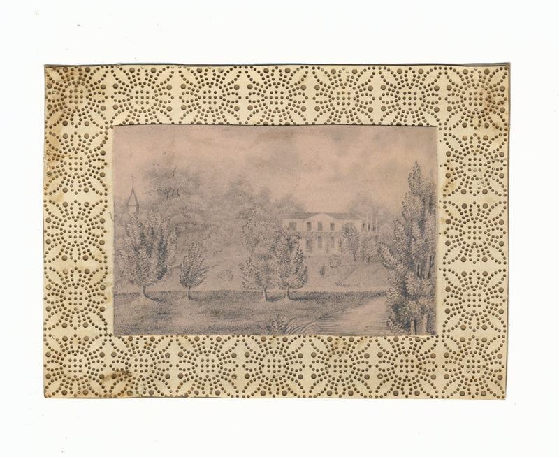 French Manor House Miniature on Perforated Paper – 19th-century graphite drawing