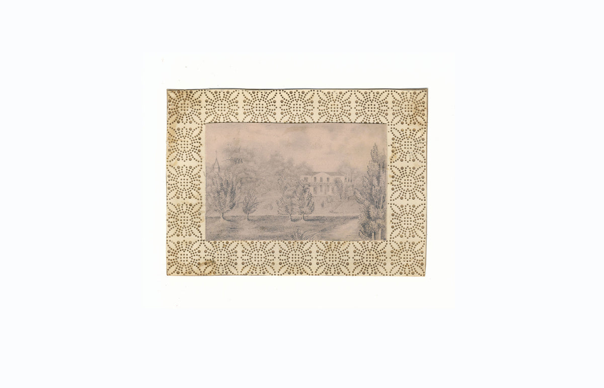 French Manor House Miniature on Perforated Paper – 19th-century graphite drawing