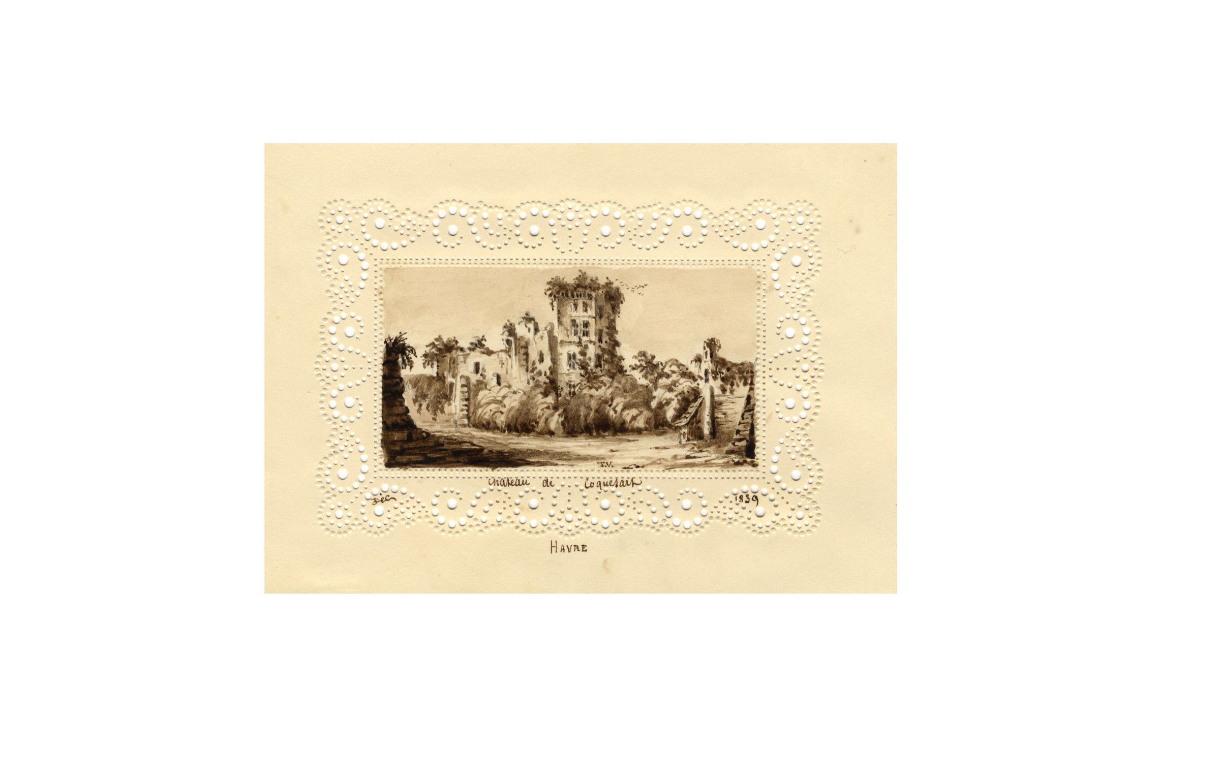 T.V., Chateau Le Havre Miniature on Perforated Paper –1839 watercolour painting