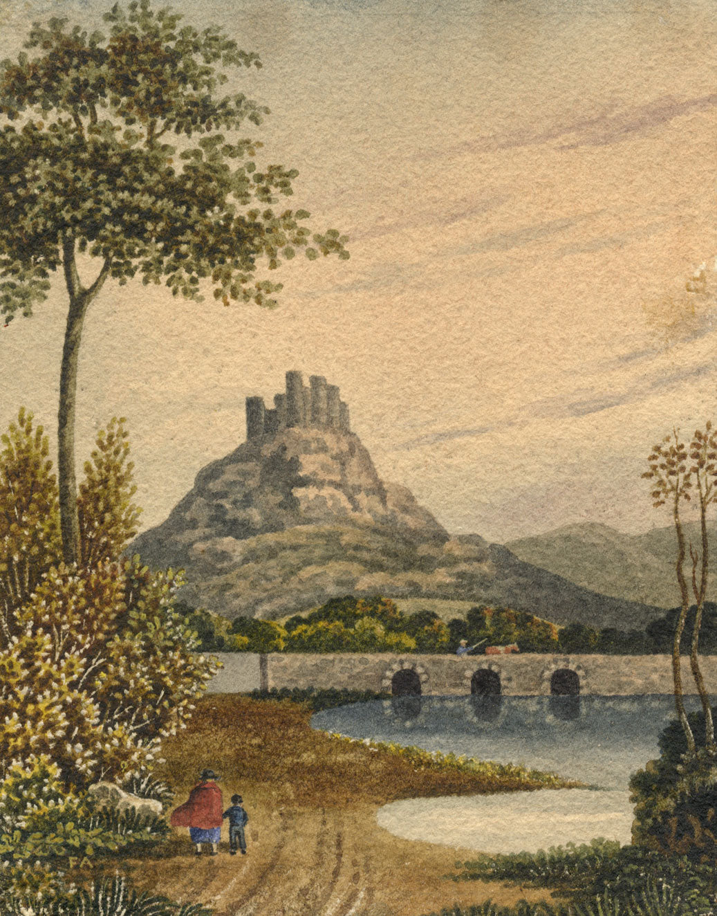 F.A., Italianate View with Castle on Mount – 19th-century watercolour painting