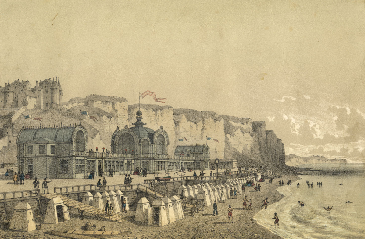 Dieppe; establissement du bains de mer – 1859 hand-coloured lithograph print