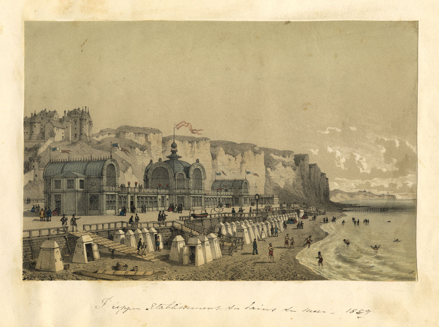 Dieppe; establissement du bains de mer – 1859 hand-coloured lithograph print