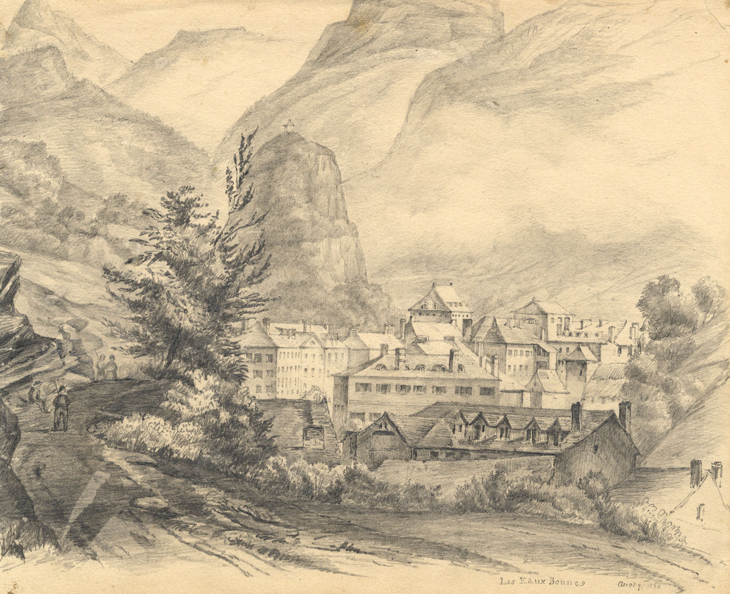 Auory, Eaux-Bonnes, Pyrenees, France – Original 1838 graphite drawing