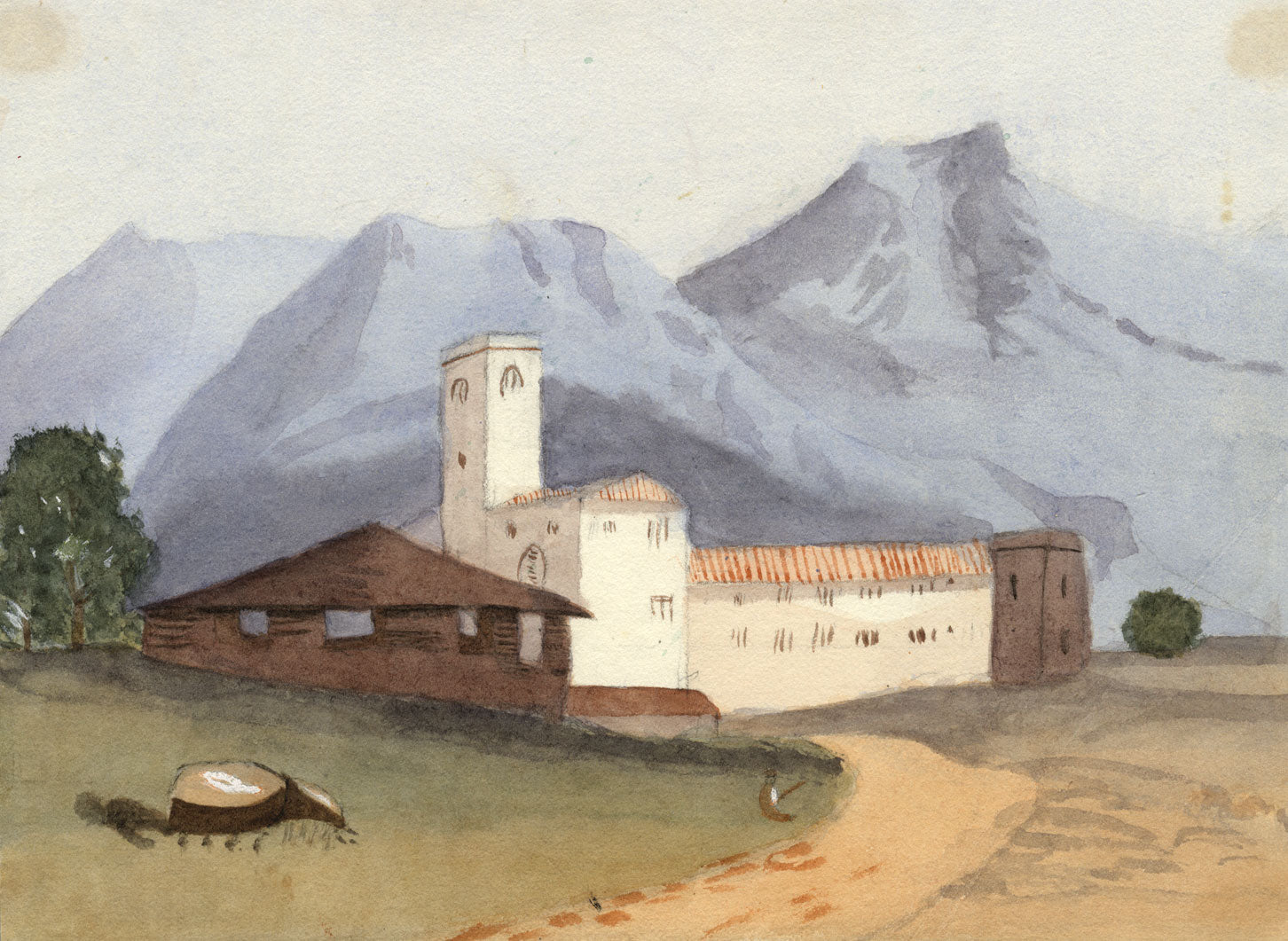 Gertrude Robinson, Continental Monastery in Mountains –1875 watercolour painting