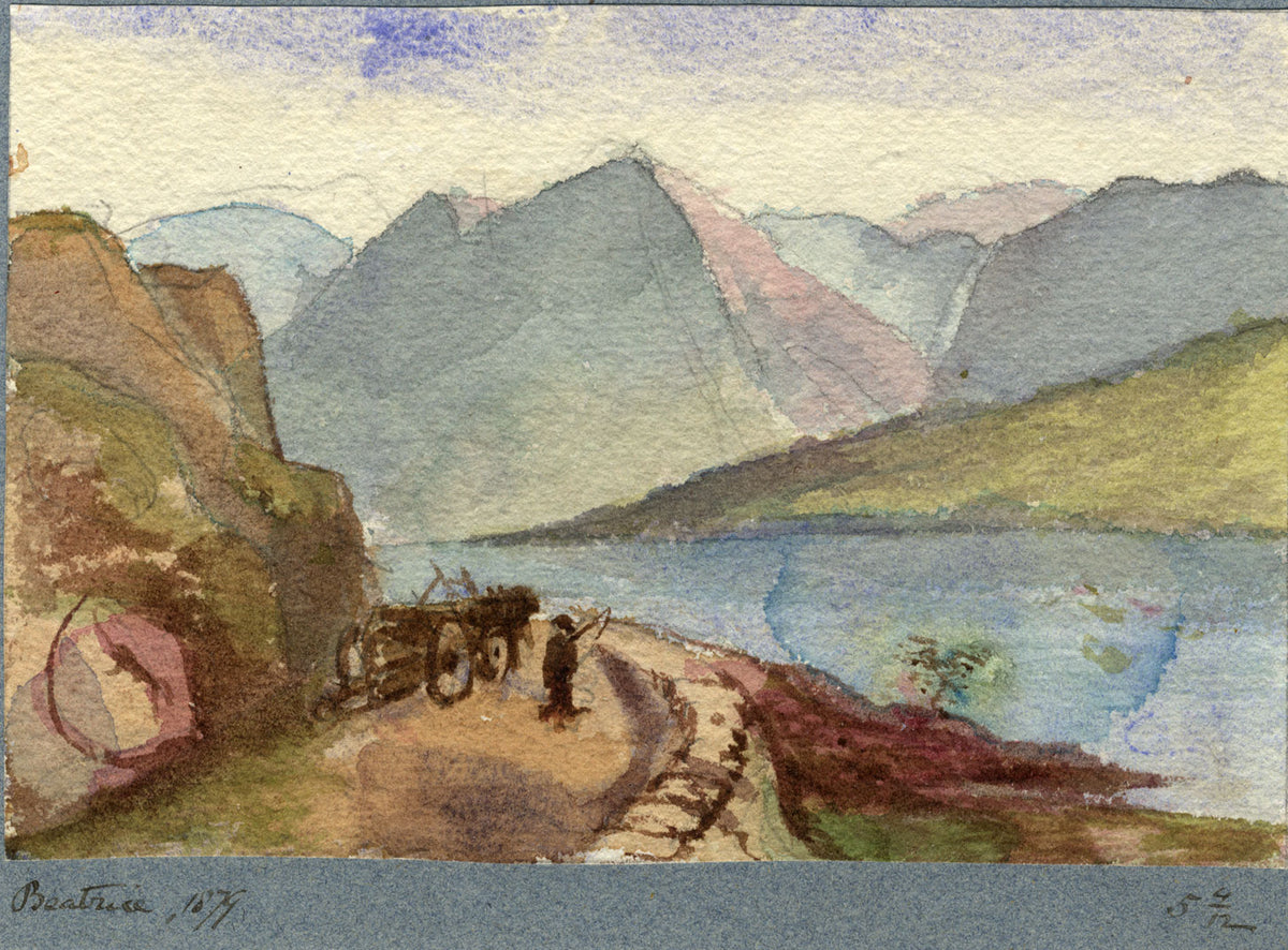 Beatrice Robinson, Lago de montaña con caballo y carro – acuarela de 1879