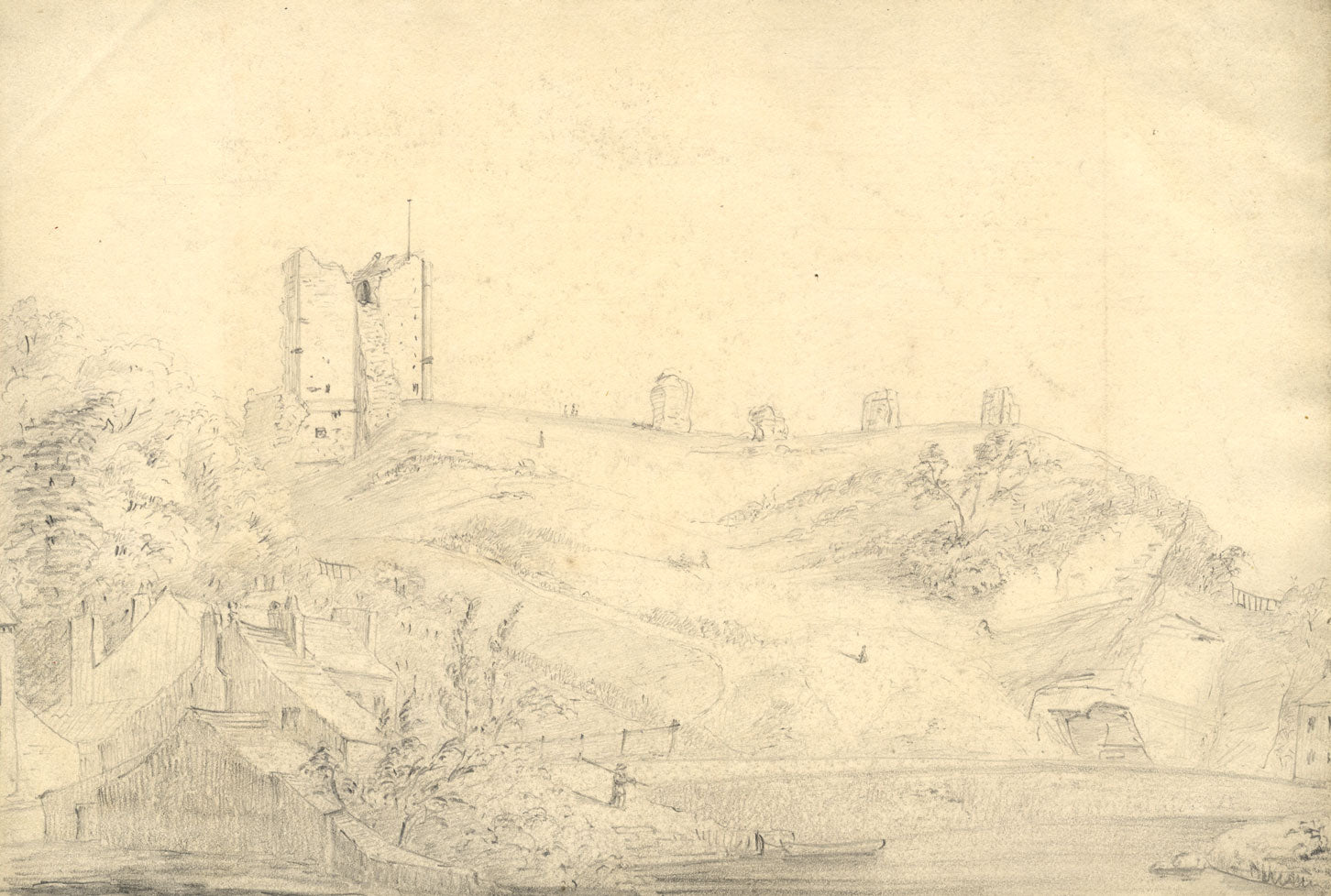 George Corson, Knaresborough Castle from Nidd, Yorkshire – 1850 graphite drawing