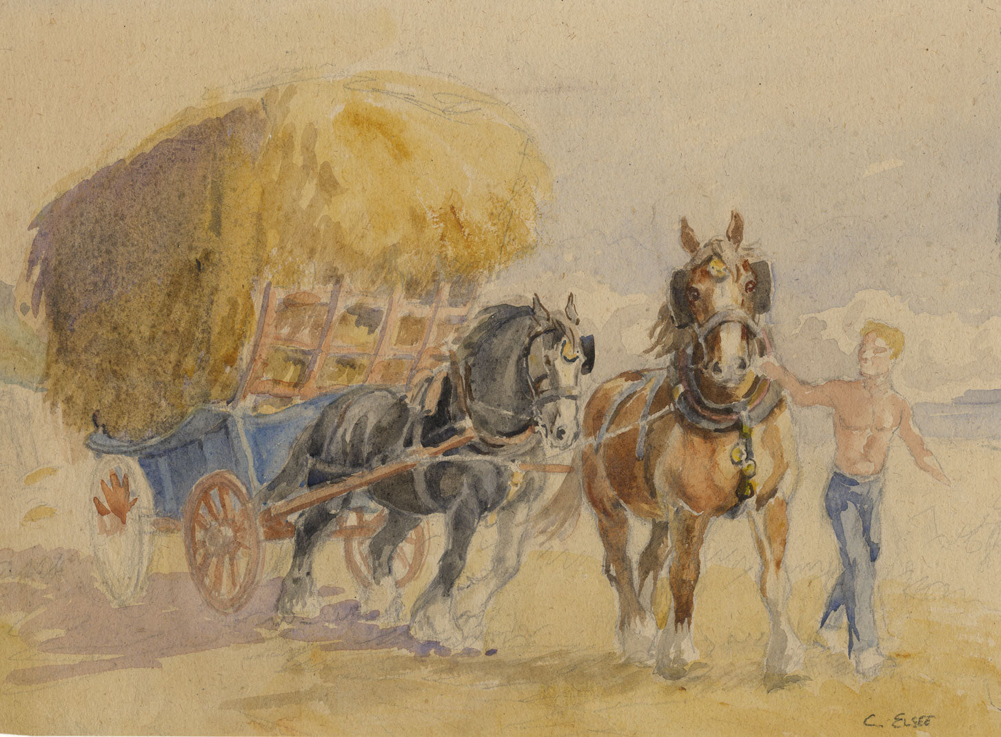 Cecil 'Mogs' Elgee, Horses Pulling Hay Cart – Mid-20th-century watercolour
