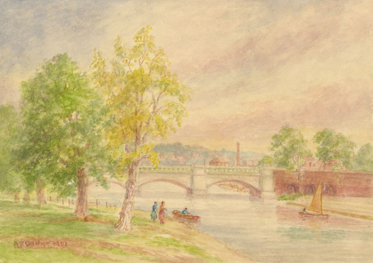 Robert J. Gedge, Riverside View with Bridge, Norfolk – 1938 watercolour painting