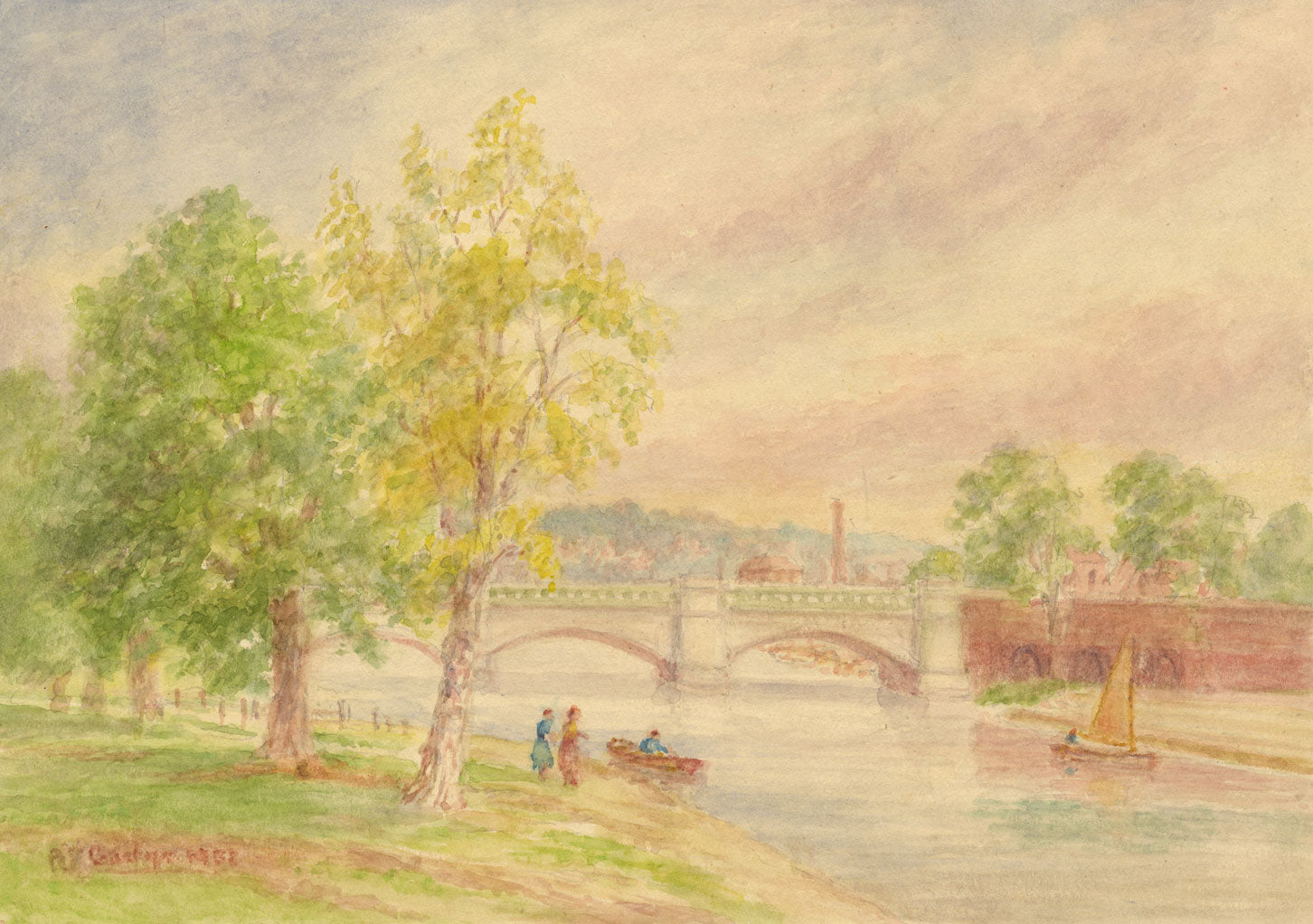 Robert J. Gedge, Riverside View with Bridge, Norfolk – 1938 watercolour painting